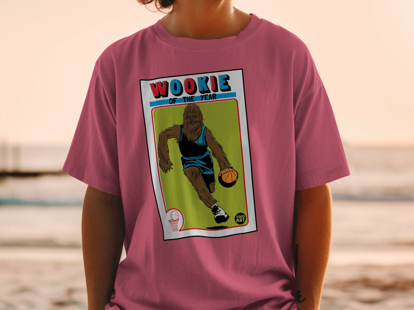 Chewbacca Wookiee of the Year basketball trading card graphic on pink t-shirt.