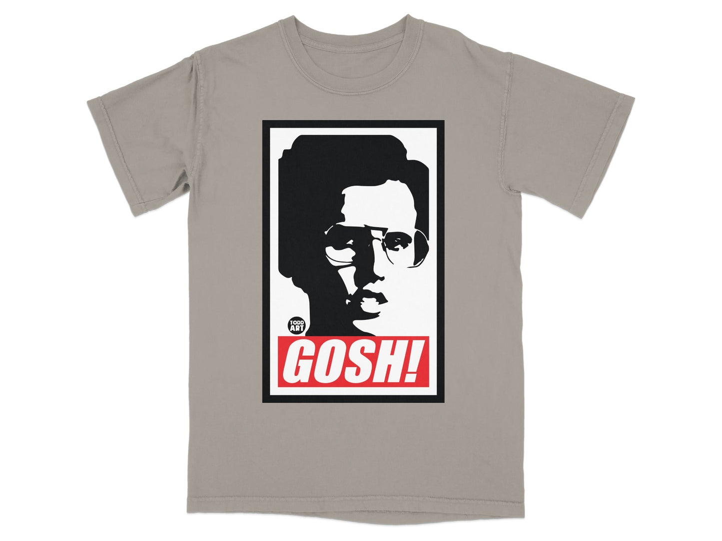T-shirt with a black and white portrait of a person wearing glasses and the word "GOSH!".