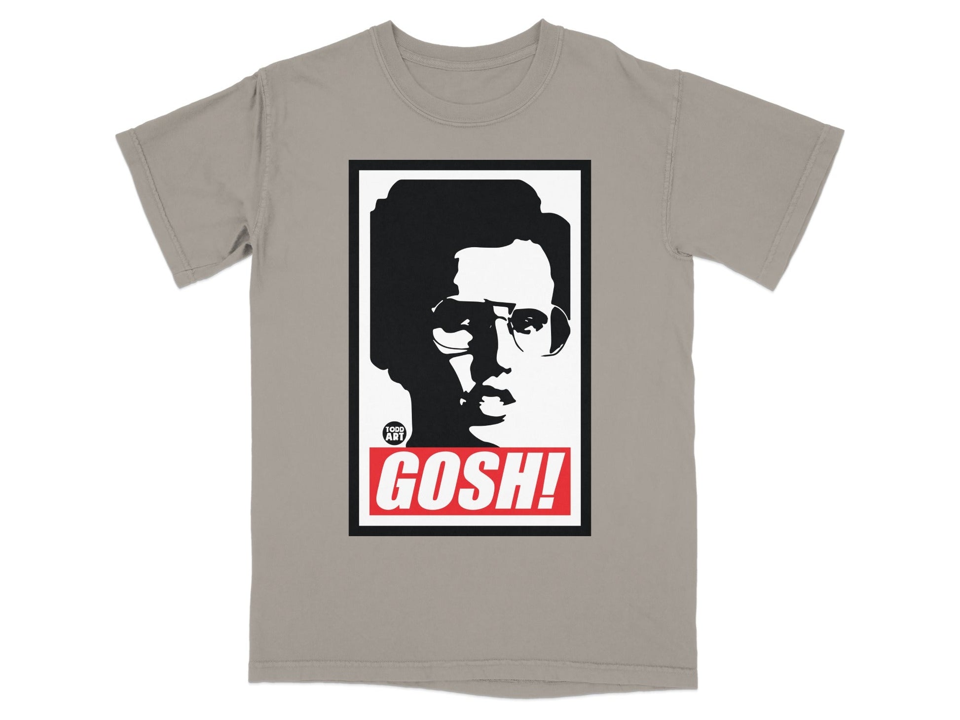 T-shirt with a black and white portrait of a person wearing glasses and the word "GOSH!".