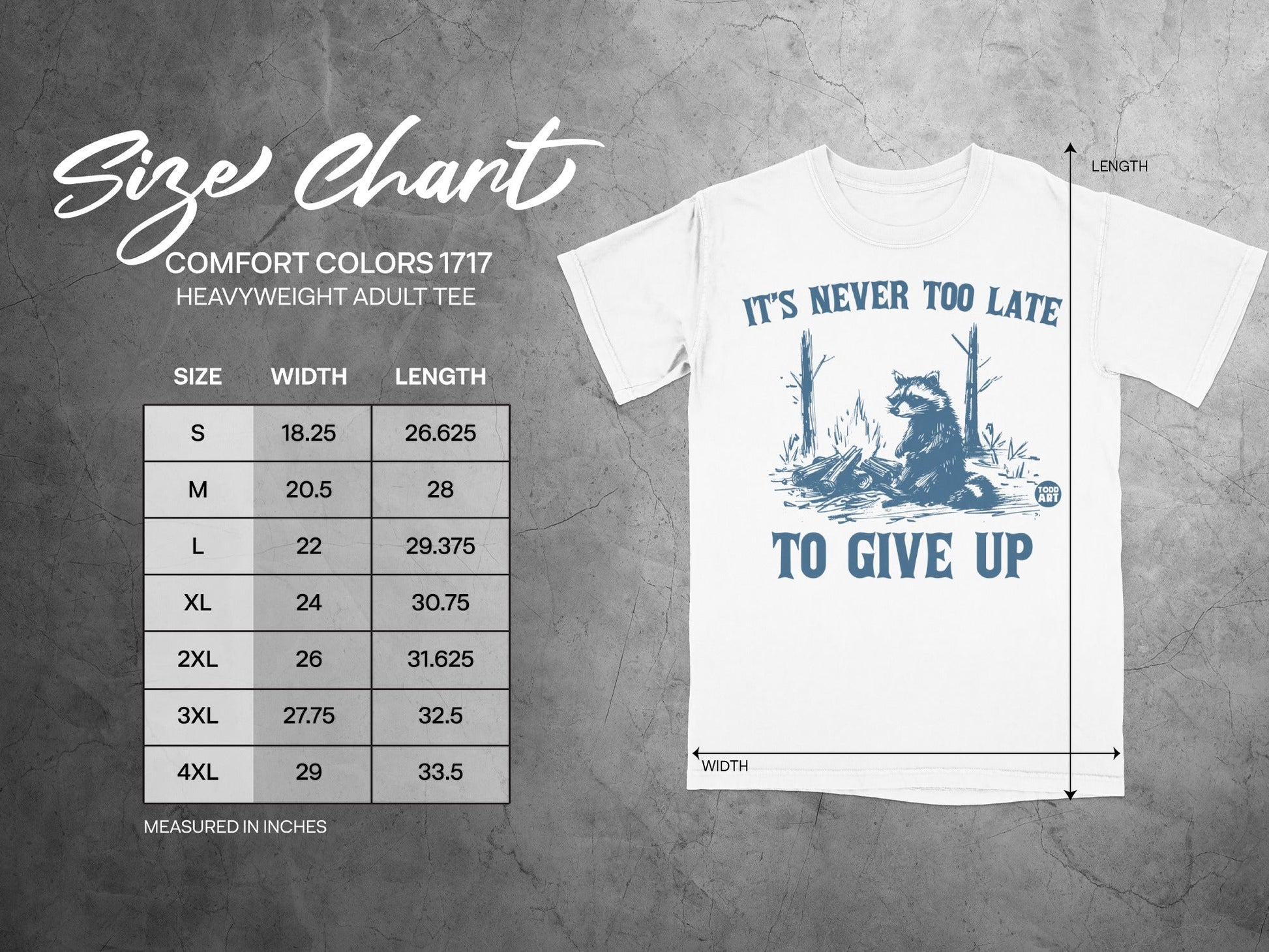 Size chart for Comfort Colors 1717 heavyweight adult tee with measurements.