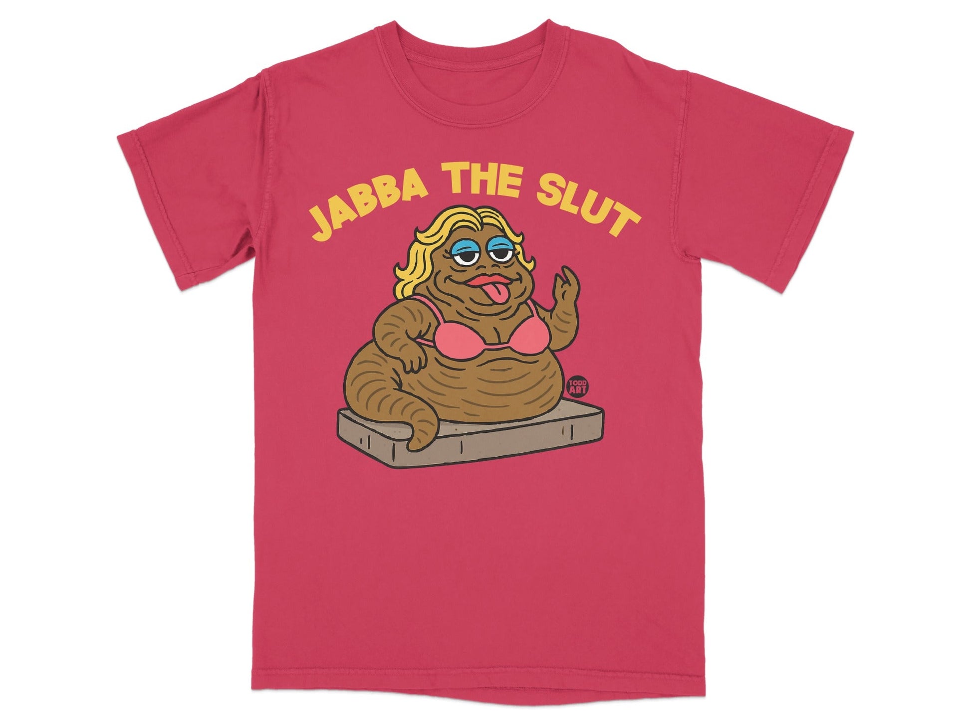 Crimson t-shirt with Jabba the Slut cartoon and text above.
