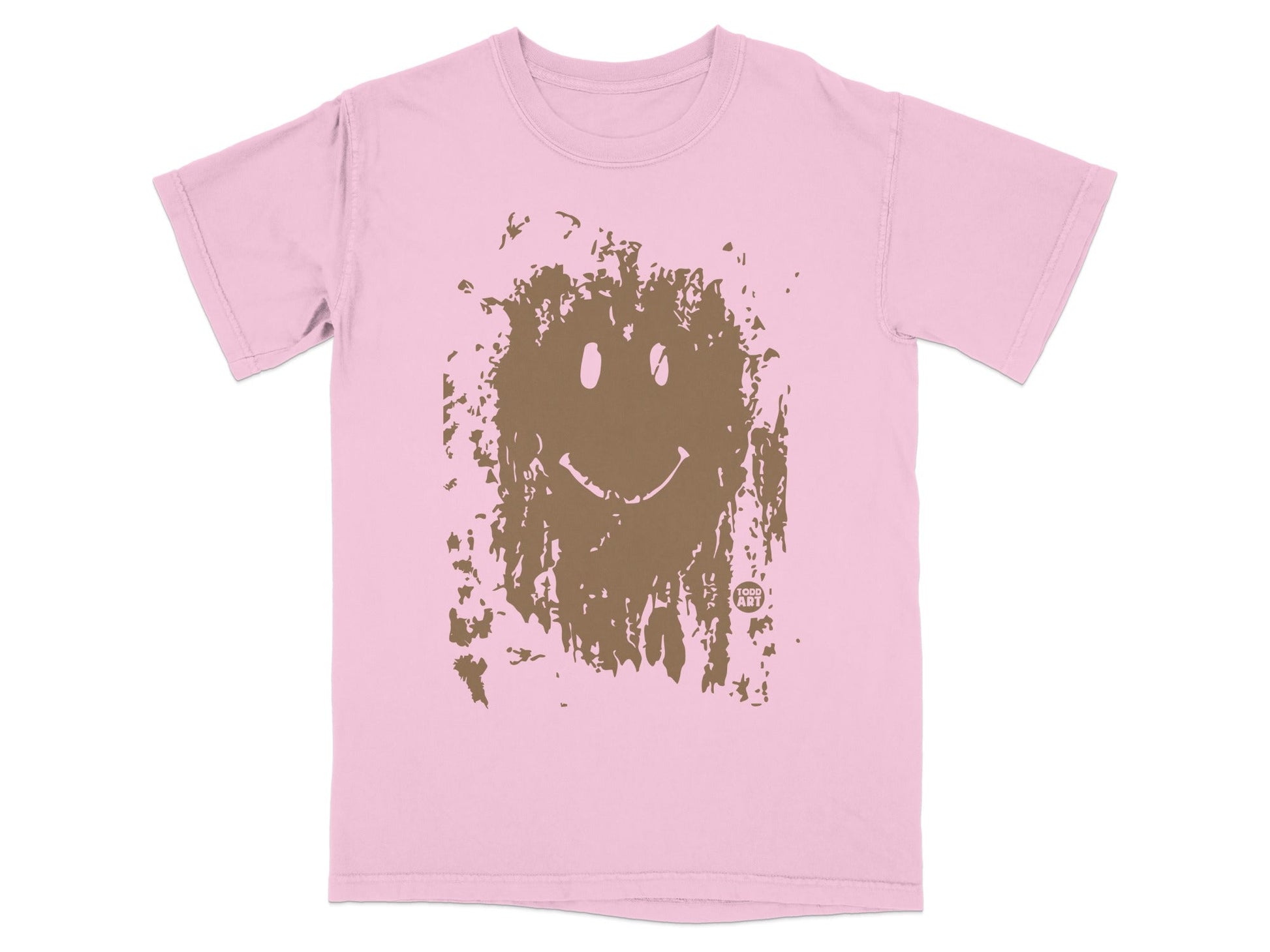 Pink t-shirt with a distressed brown smiley face graphic.