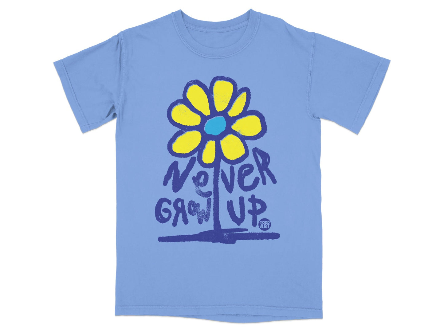 Light blue t-shirt with a blue and yellow flower and "Never Grow Up" text.