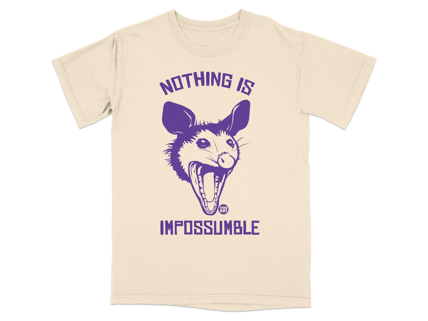 Cream t-shirt with purple possum graphic and text "Nothing is Impossumble".