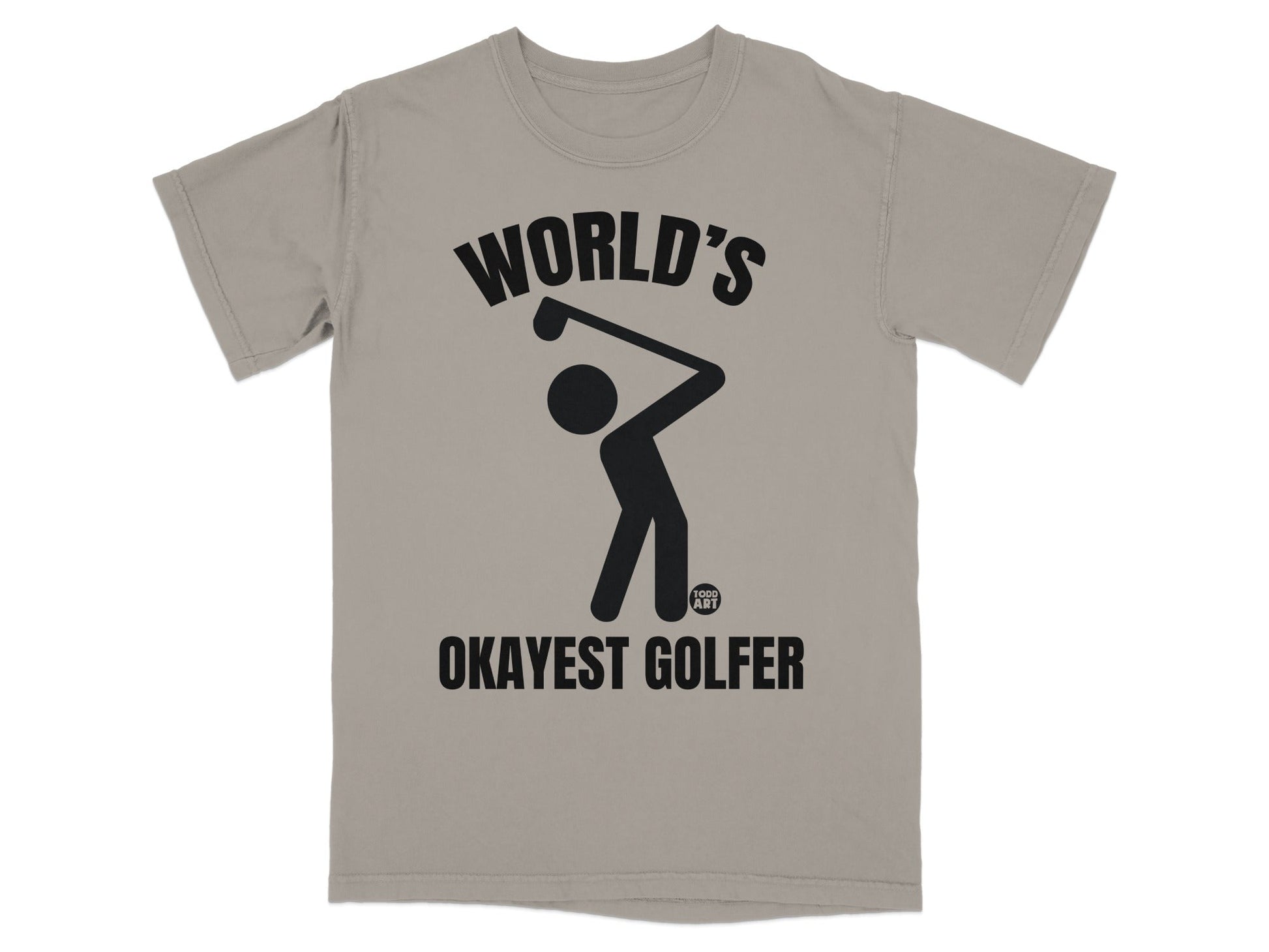 T-shirt with graphic of golfer and text "World's Okayest Golfer".