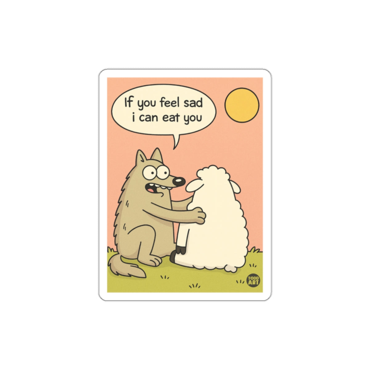 Funny Wolf Comforting Sad Sheep Cartoon Sticker