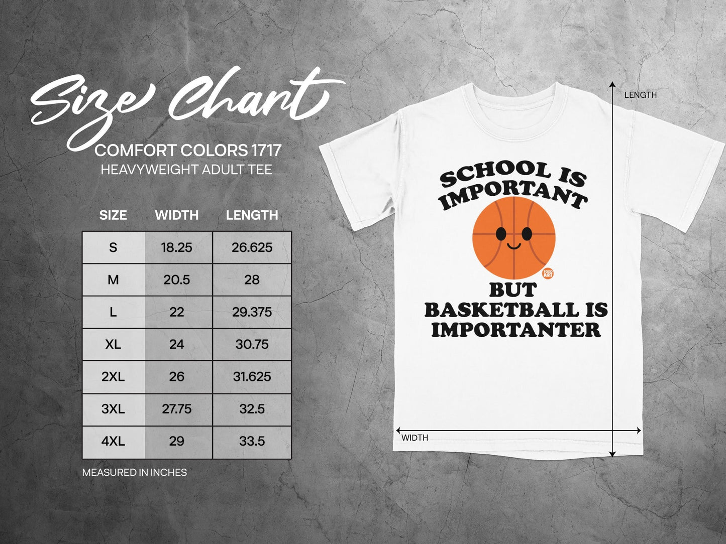 Size chart for Comfort Colors 1717 heavyweight adult tee with basketball graphic.
