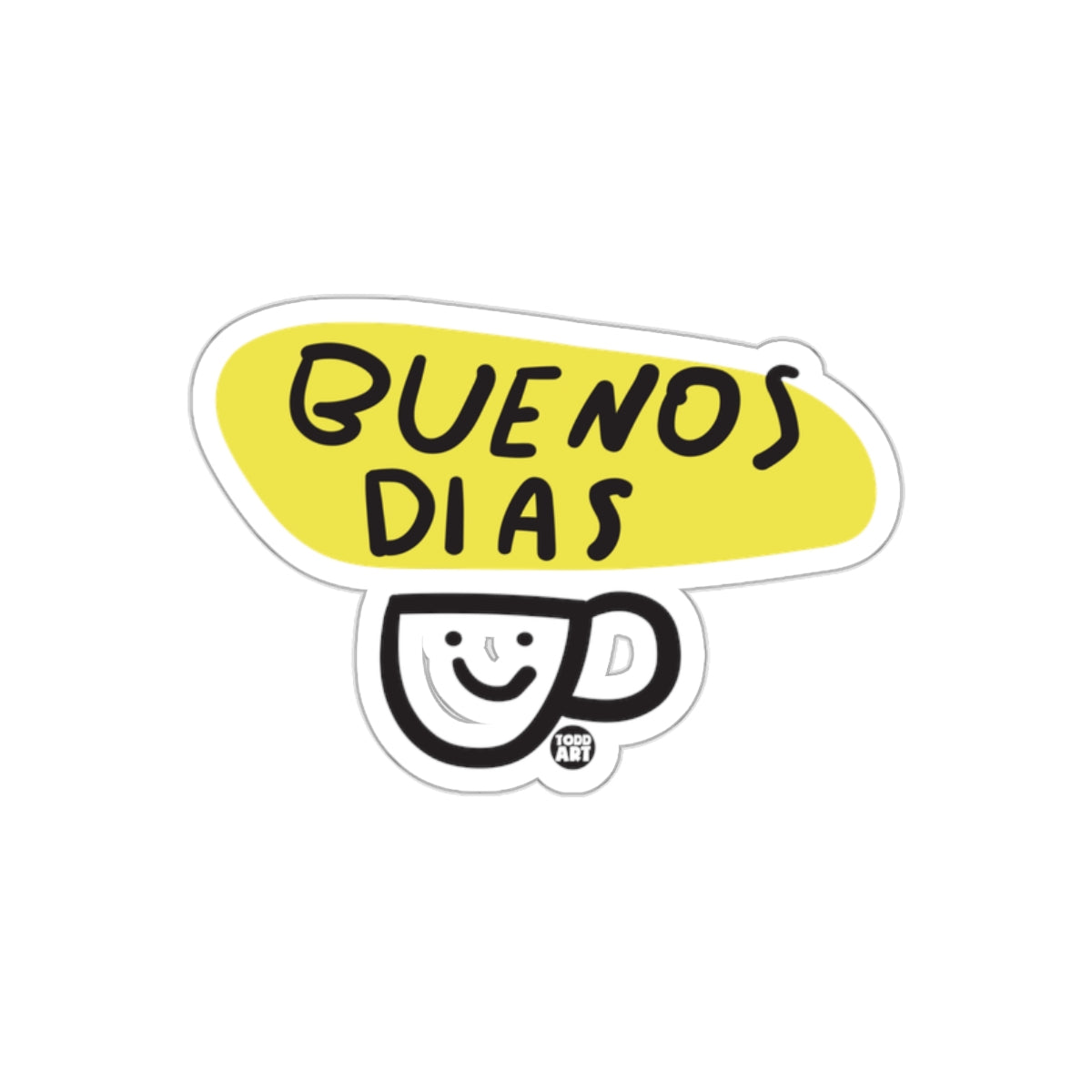 Buenos Dias Sticker with Smiling Coffee Cup Design