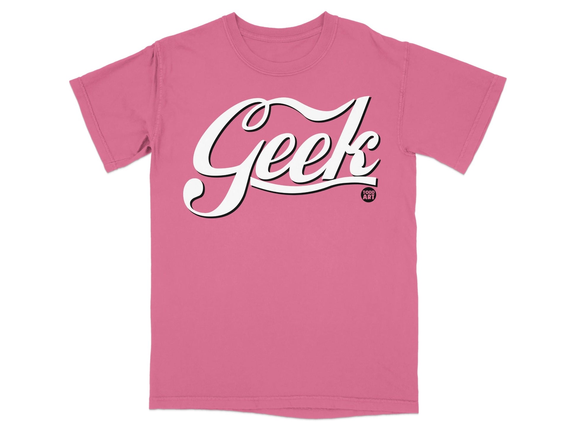 Pink t-shirt with "Geek" in white script and "1000 AMP" logo.
