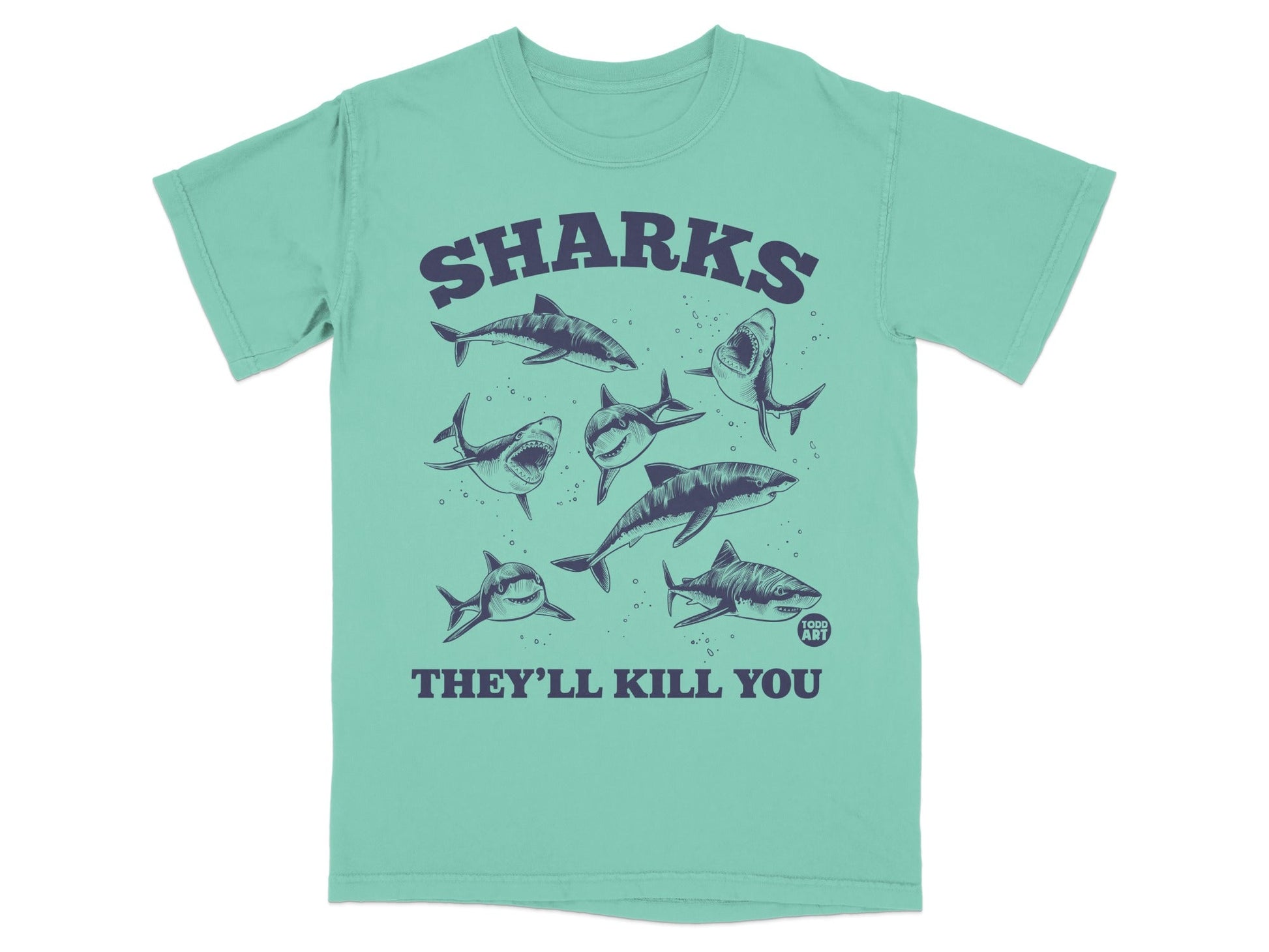 Graphic tee with multiple sharks and text "SHARKS THEY'LL KILL YOU" and "FOOD ART".