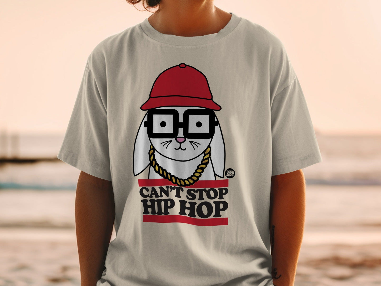T-shirt with cartoon rabbit wearing glasses and hat, text "CAN'T STOP HIP HOP".