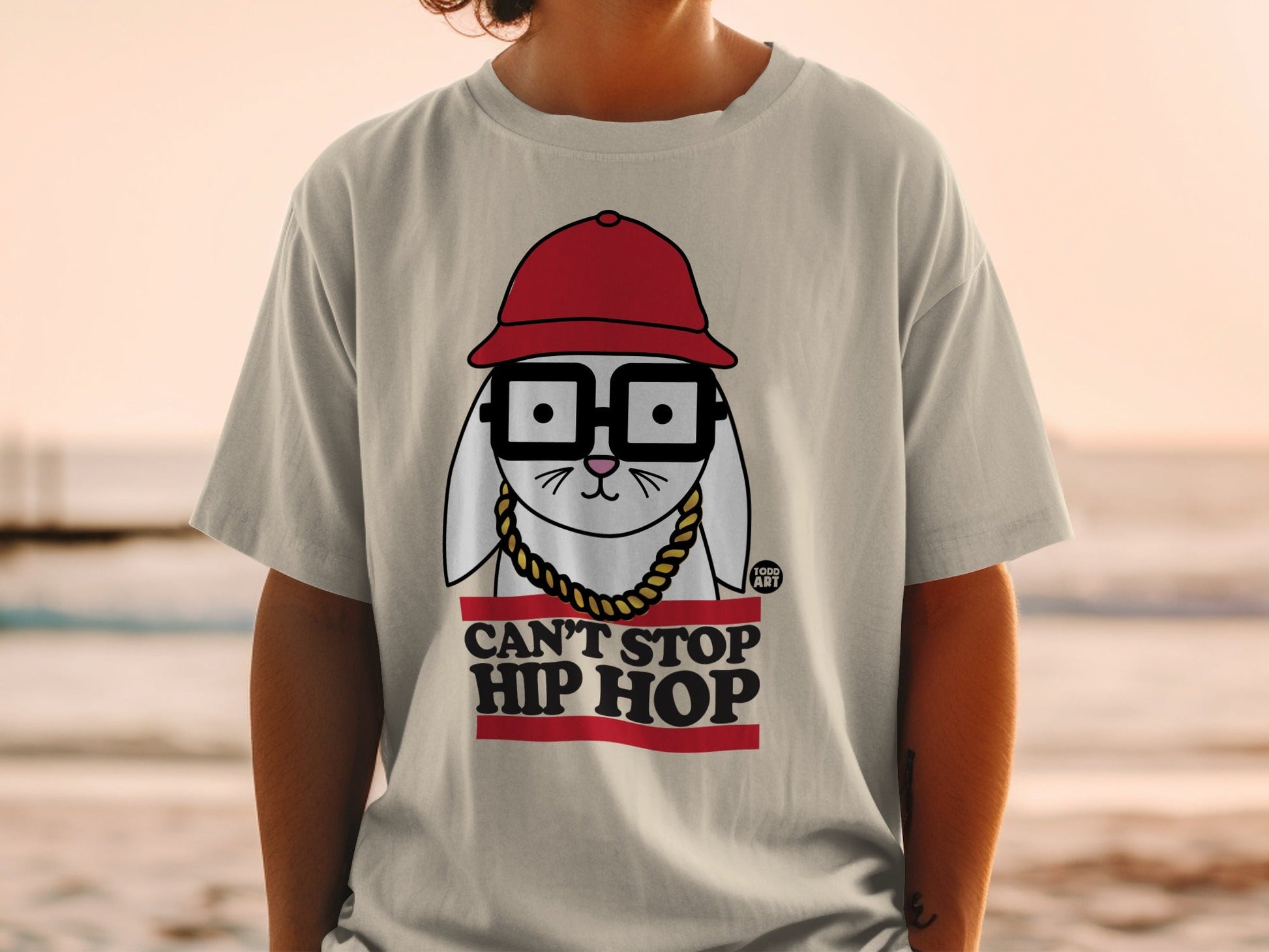 T-shirt with cartoon rabbit wearing glasses and hat, text "CAN'T STOP HIP HOP".