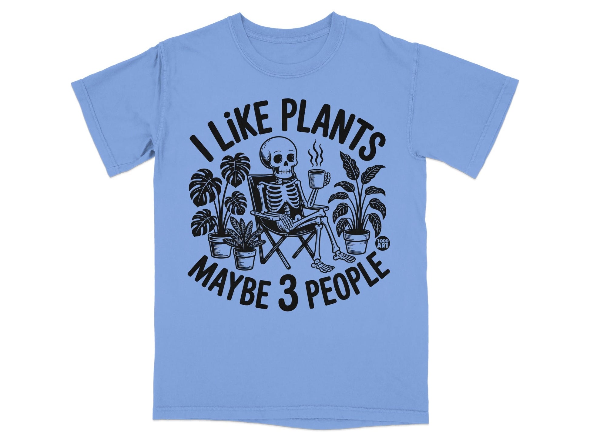 Skeleton sitting in chair with plants, text "I like plants maybe 3 people".