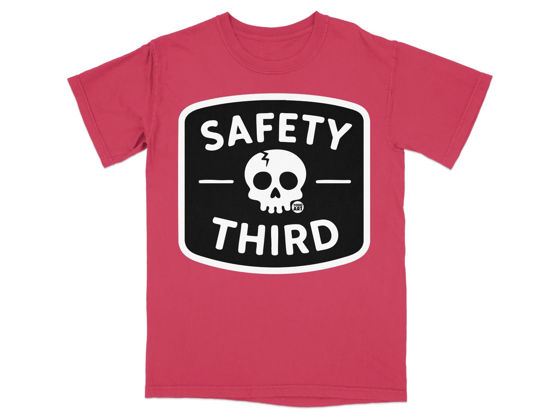 Red t-shirt with black and white "Safety Third" skull logo.