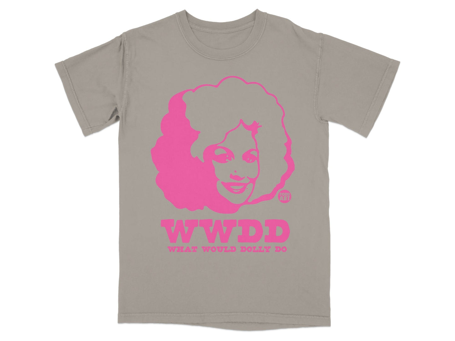 Pink graphic of Dolly Parton's face with "WWDD WHAT WOULD DOLLY DO" text.