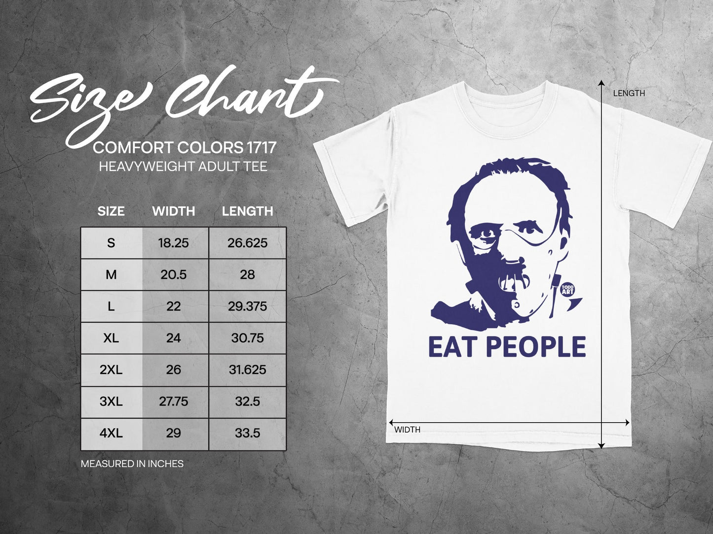 Comfort Colors 1717 heavyweight tee size chart with "Eat People" graphic.