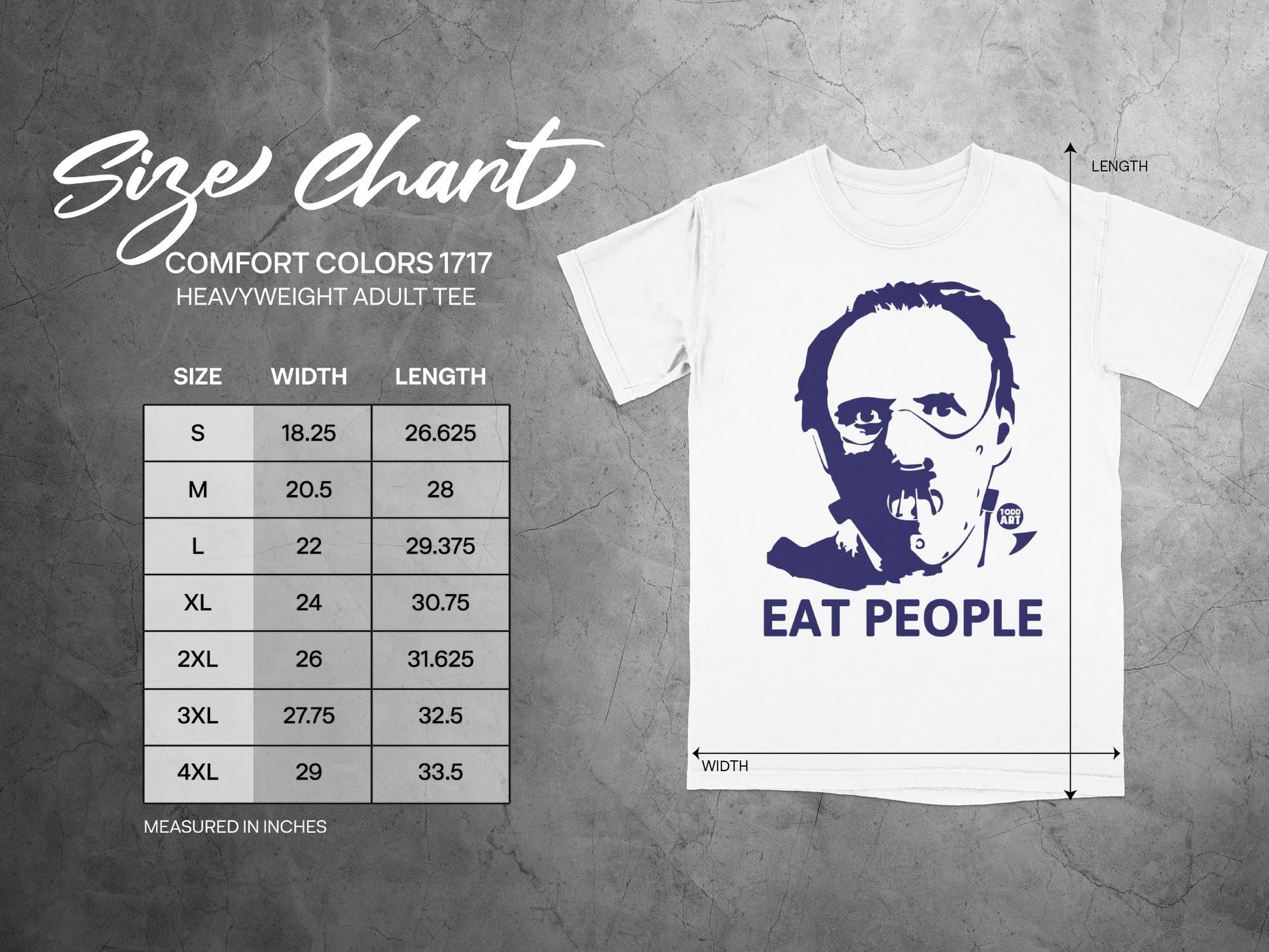 Comfort Colors 1717 heavyweight tee size chart with "Eat People" graphic.