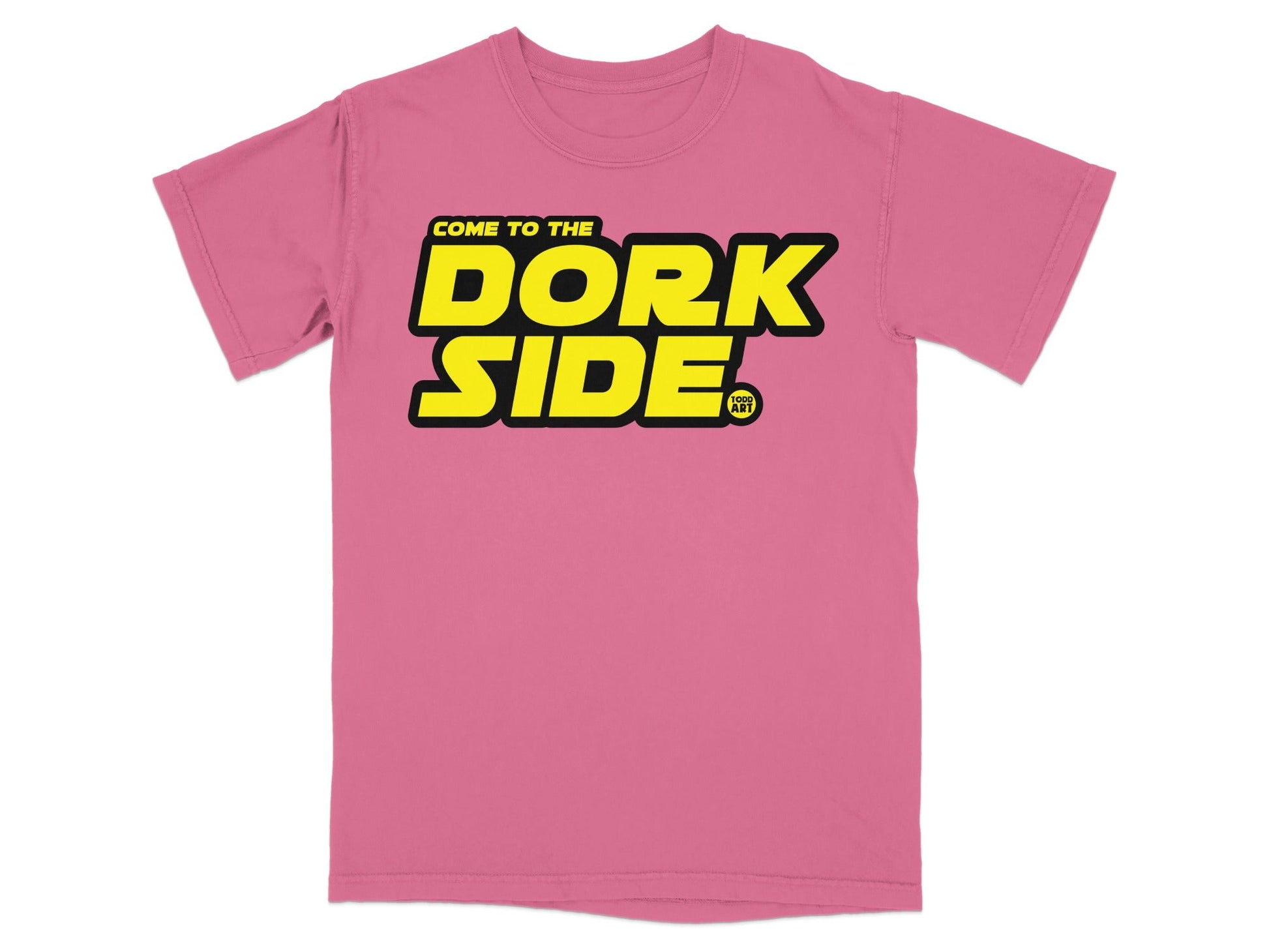 Pink t-shirt with "Come to the Dork Side" text in yellow and black.
