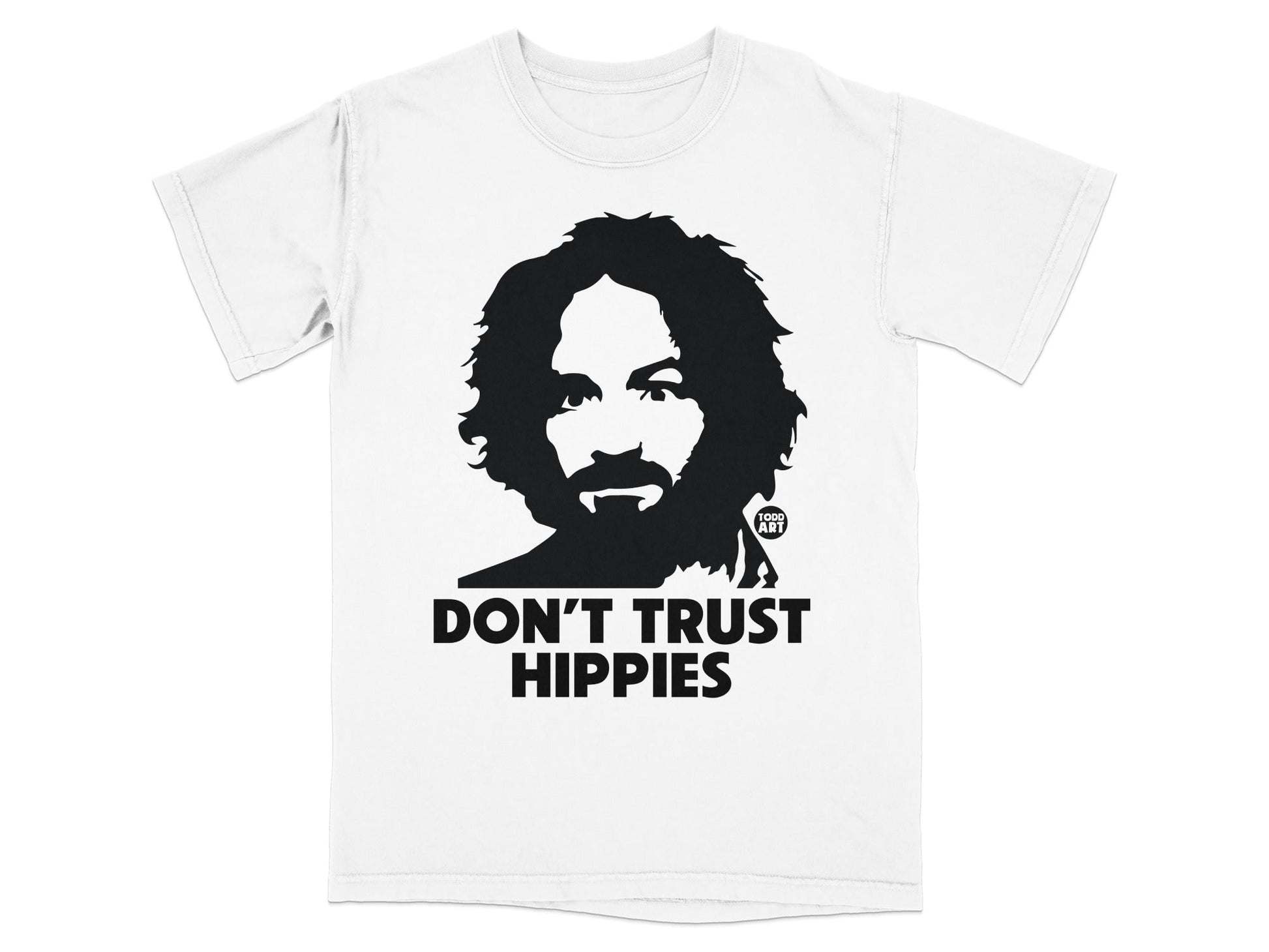 Black graphic t-shirt with portrait and "Don't Trust Hippies" text.