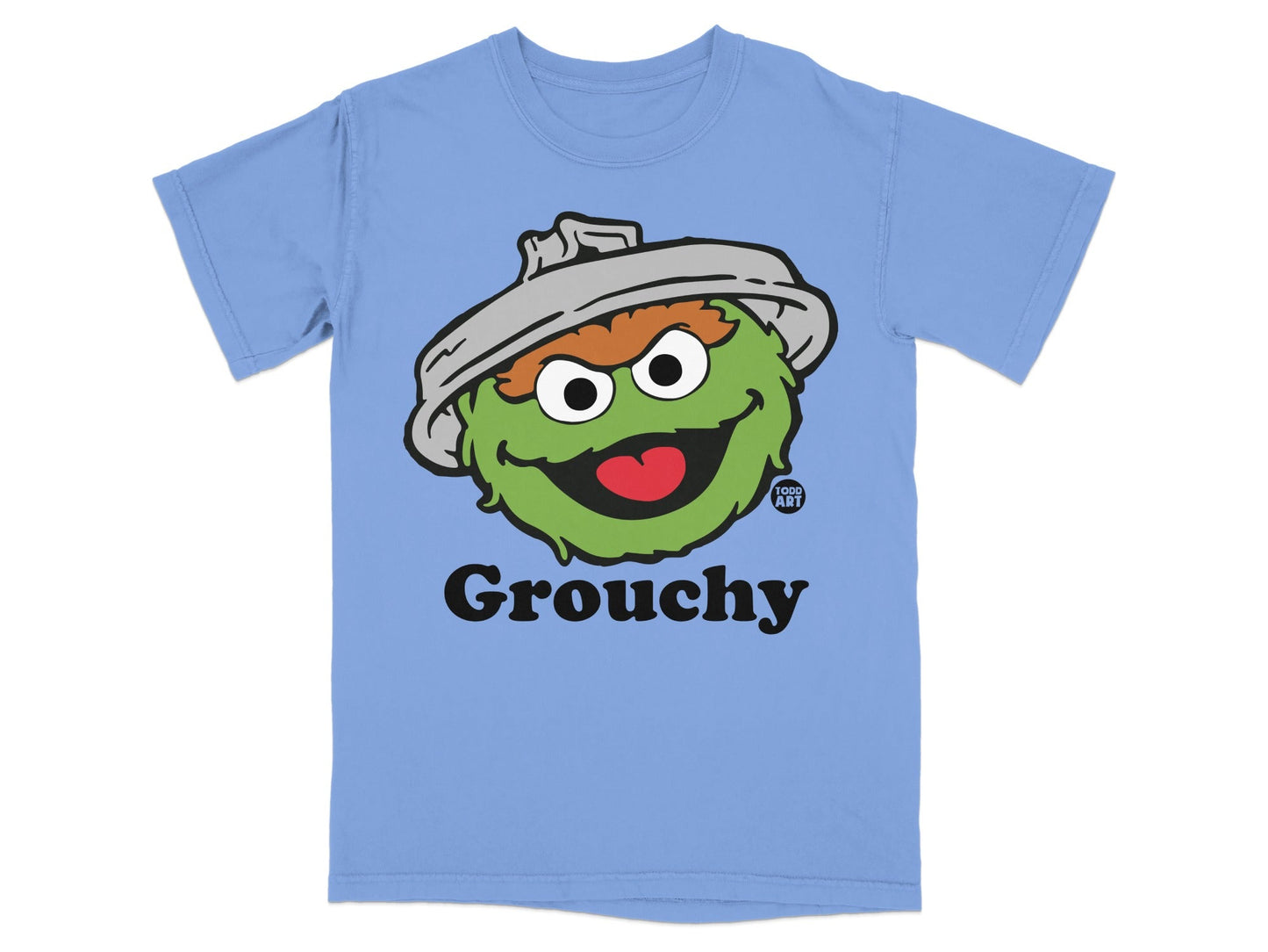 Light blue t-shirt with Oscar the Grouch's face and "Grouchy" text.