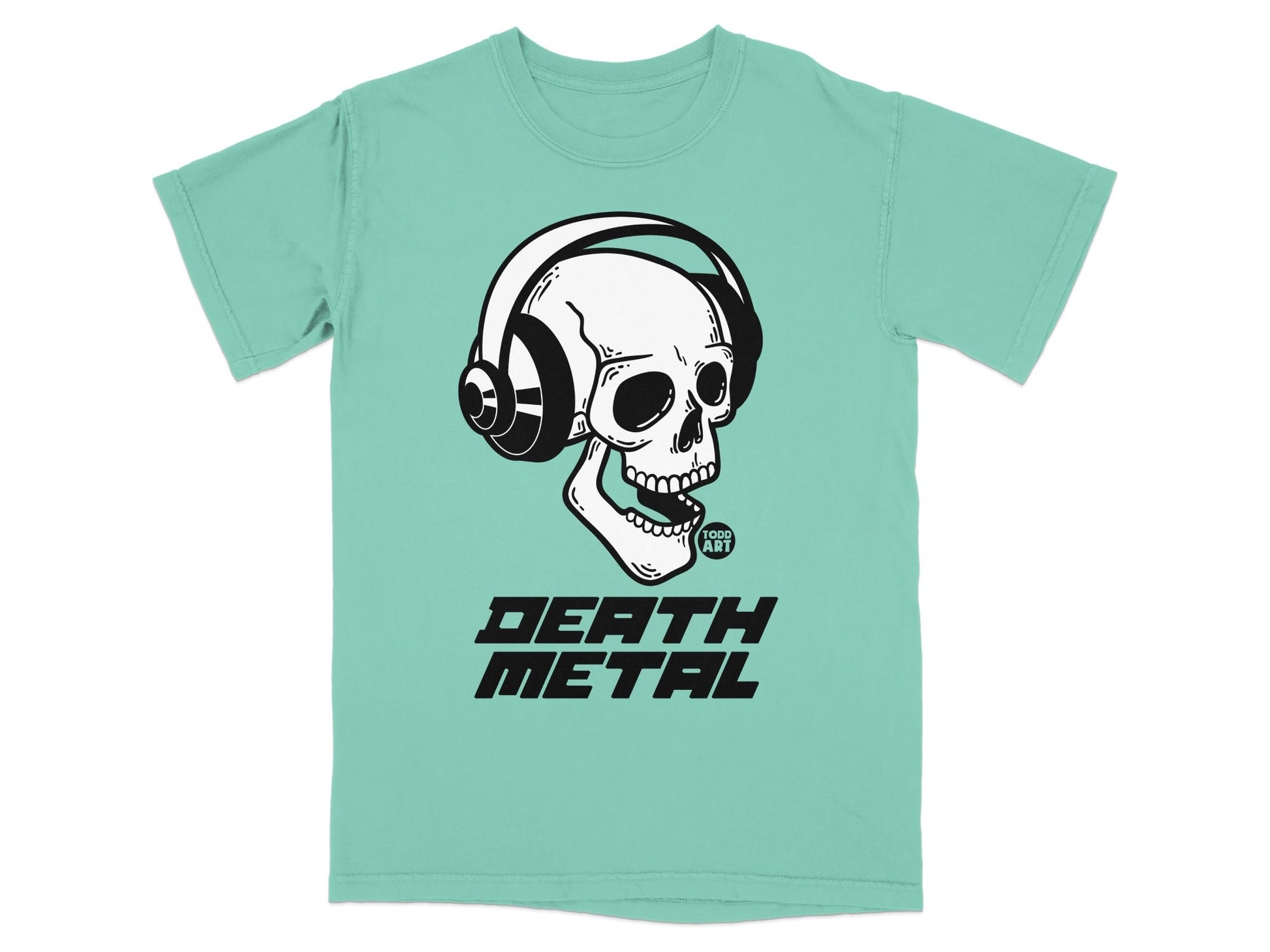 T-shirt with a skull wearing headphones and "DEATH METAL" text.