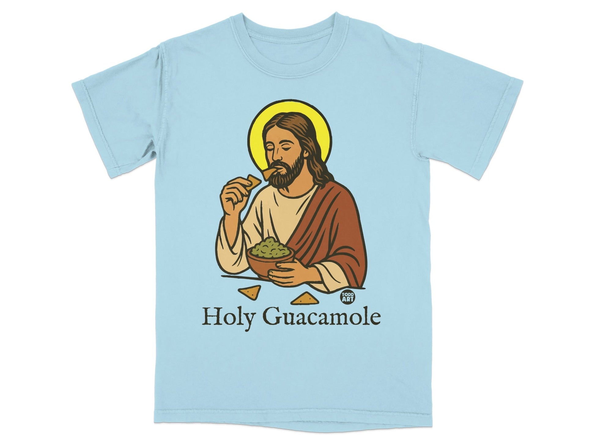 Jesus eating guacamole from a bowl, text "Holy Guacamole"