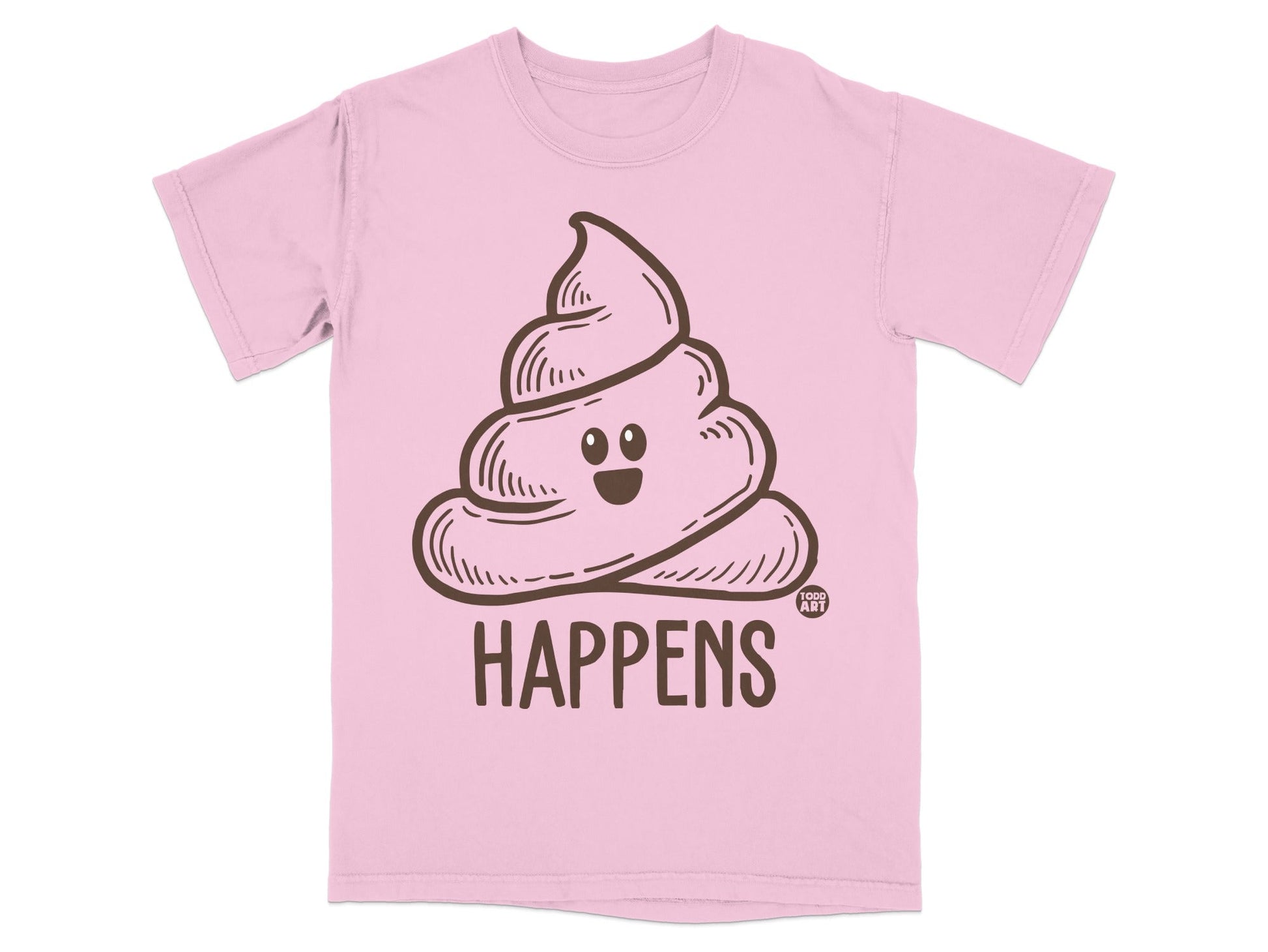 Pink t-shirt with brown smiling poop graphic and "HAPPENS" text.