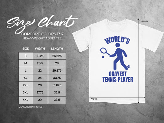 Size chart for Comfort Colors 1717 heavyweight adult tee with tennis player graphic.