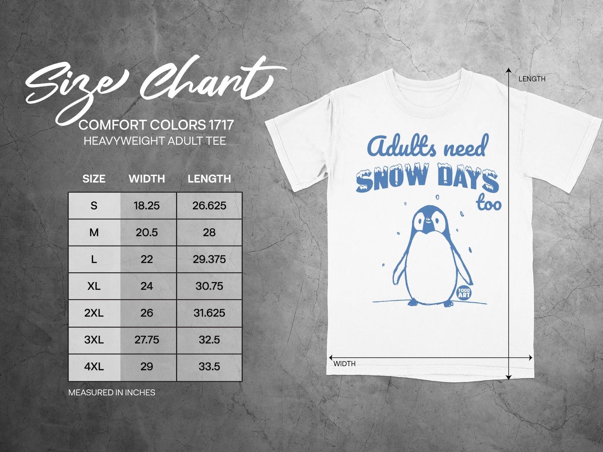 Comfort Colors 1717 size chart for adult heavyweight tees with penguin graphic.