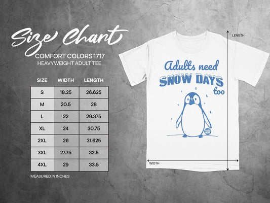 Comfort Colors 1717 size chart for adult heavyweight tees with penguin graphic.