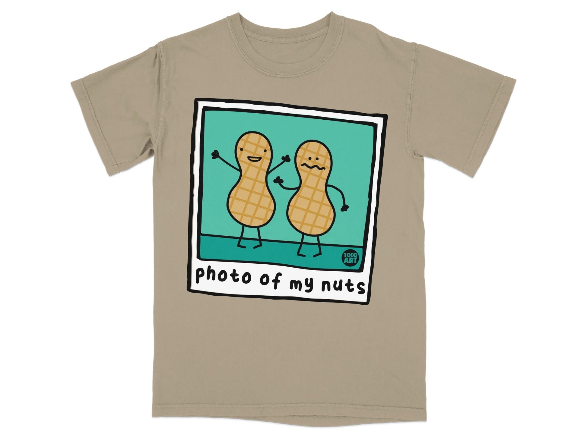 Two cartoon peanuts in a polaroid frame with "photo of my nuts" text.
