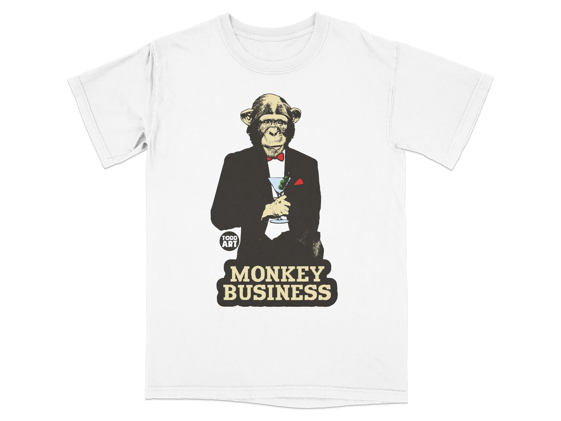 T-shirt with a chimpanzee in a tuxedo holding a martini.