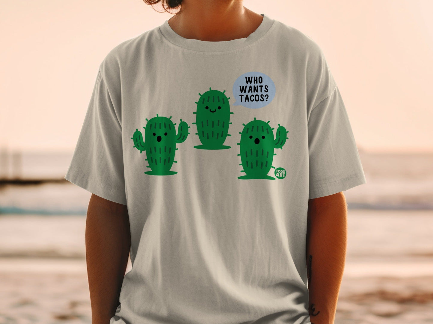 Funny Cactus Print Who Wants Tacos Graphic T-shirt