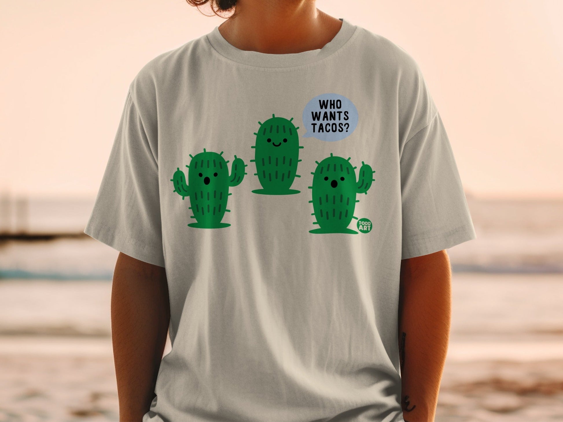 Funny Cactus Print Who Wants Tacos Graphic T-shirt