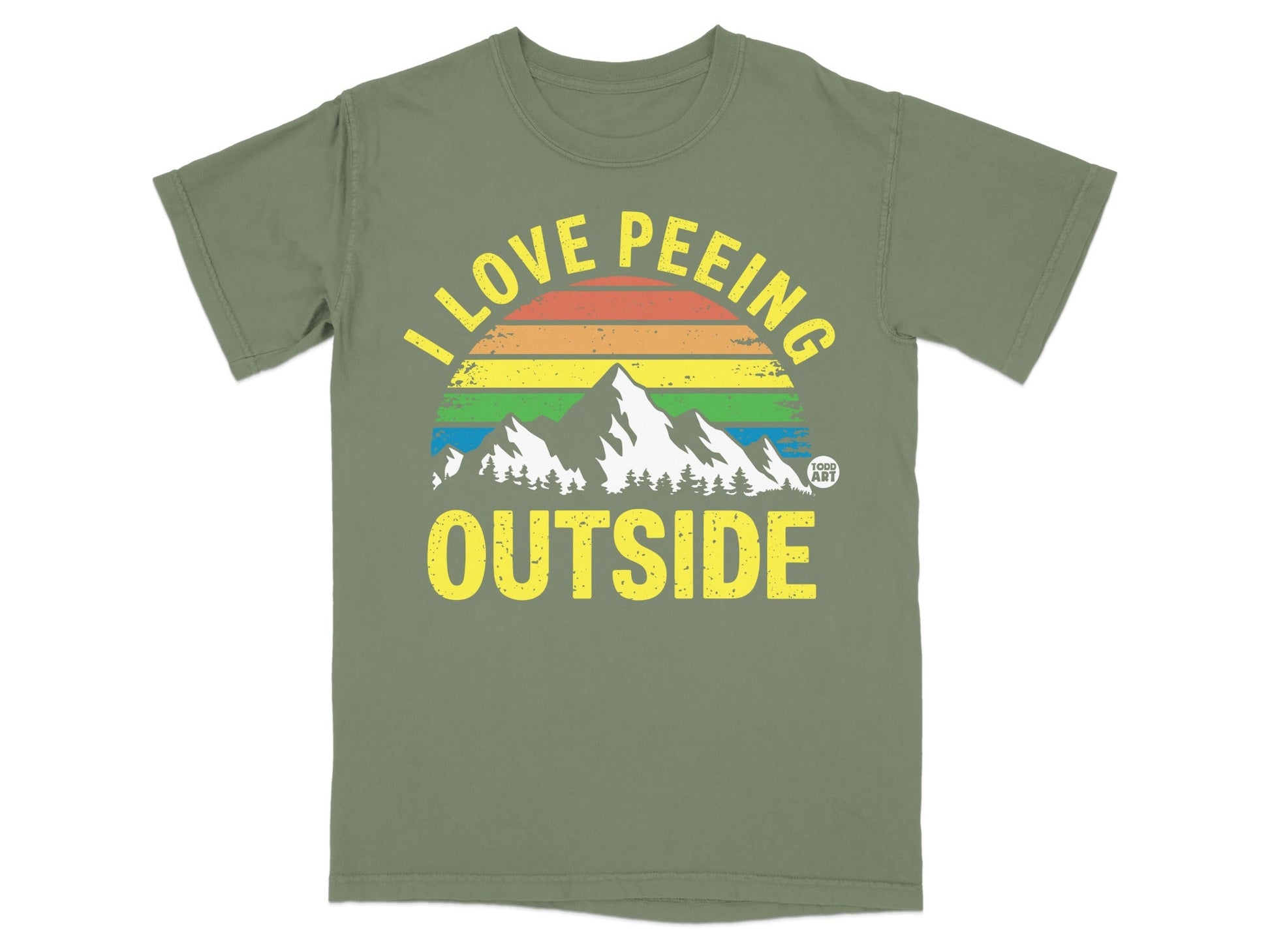 Olive t-shirt with "I LOVE PEERING OUTSIDE" text and mountain landscape graphic.