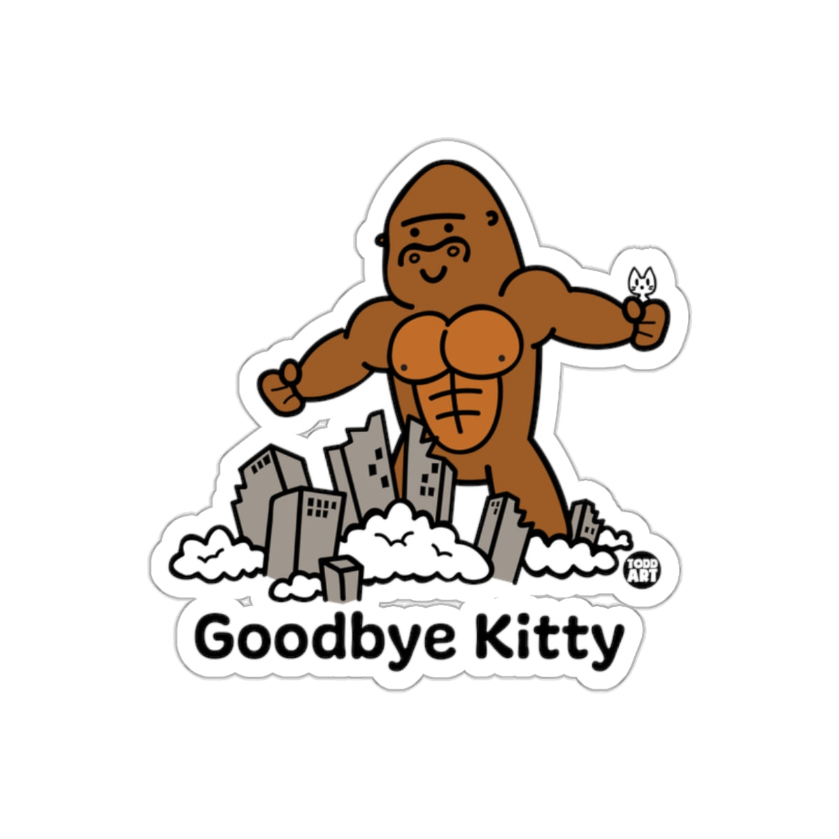 Goodbye Kitty Holding Cat in Destroyed City Sticker