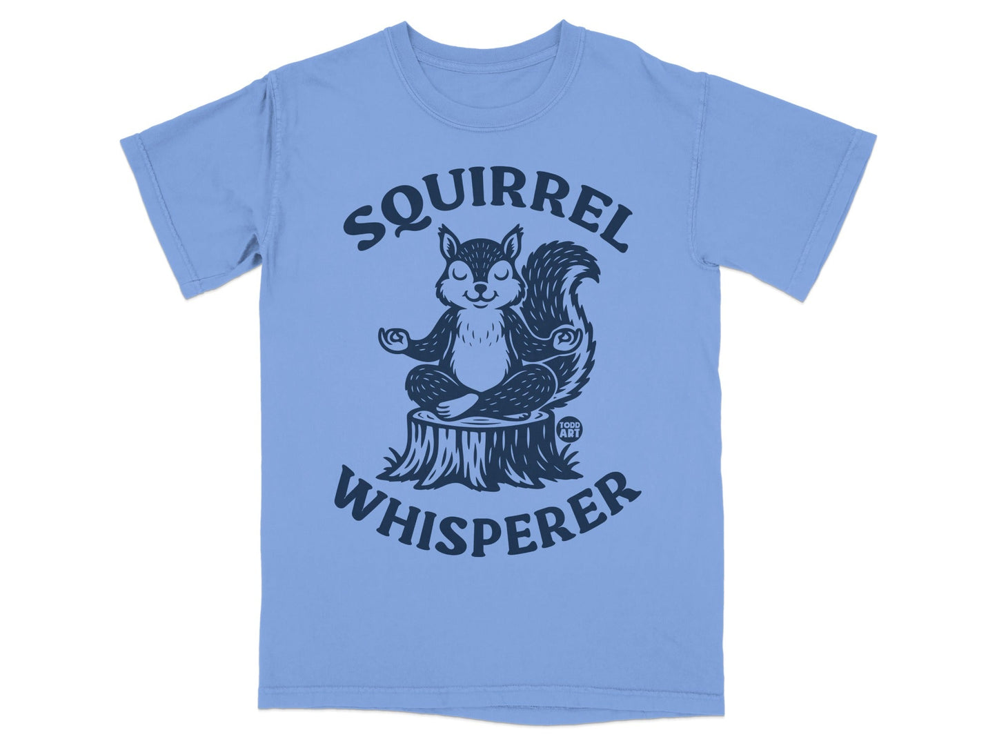 Squirrel meditating on a tree stump, with text "Squirrel Whisperer".