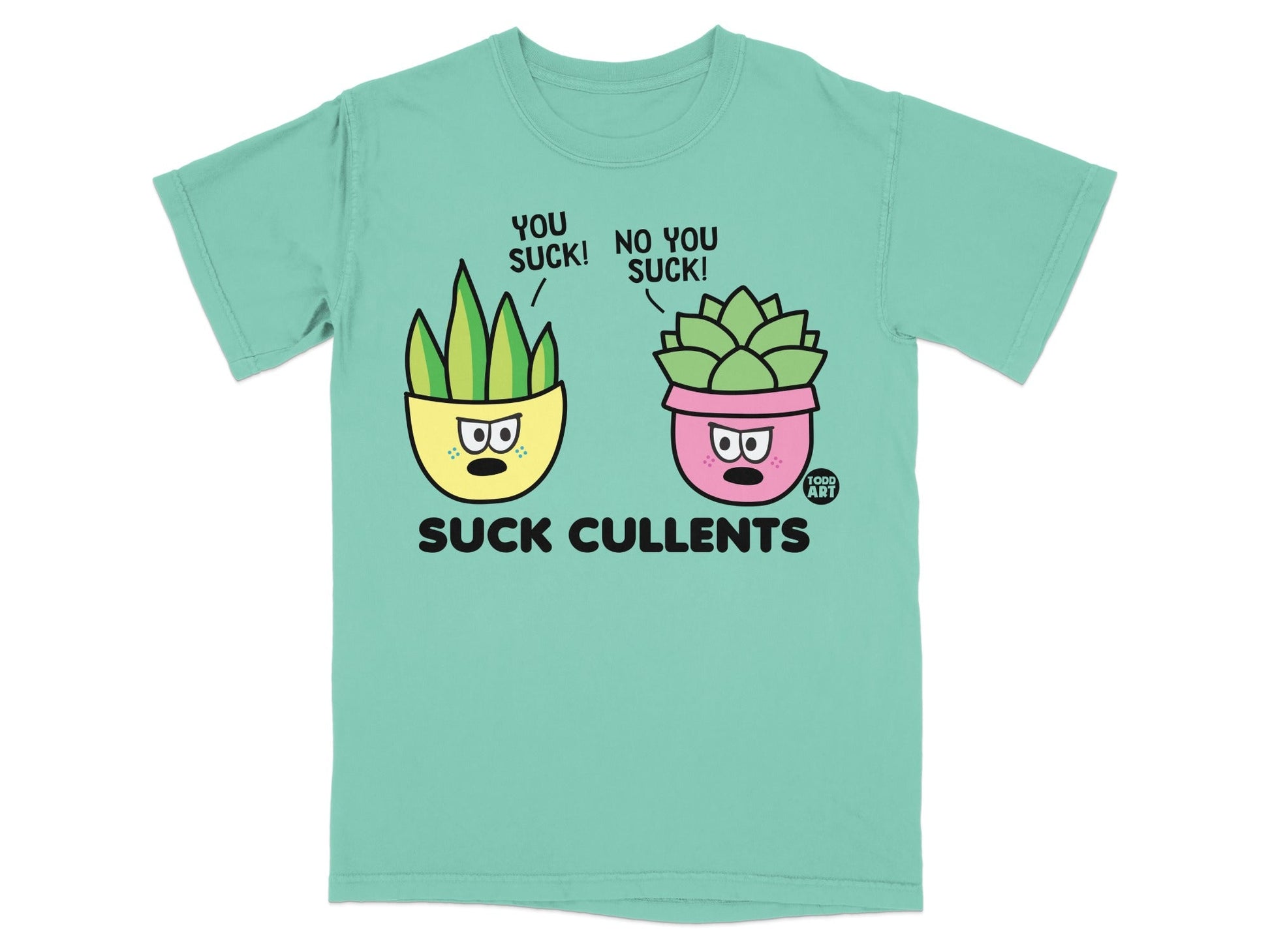Two cartoon plants in pots with speech bubbles saying "YOU SUCK!"
