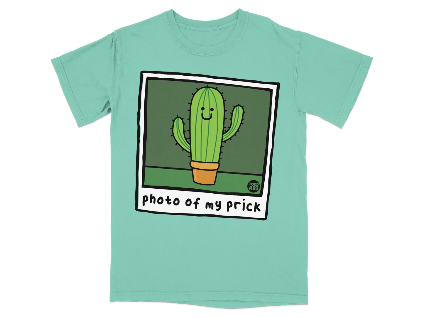 Teal t-shirt featuring a cartoon smiling cactus in a pot, with text "photo of my prick".