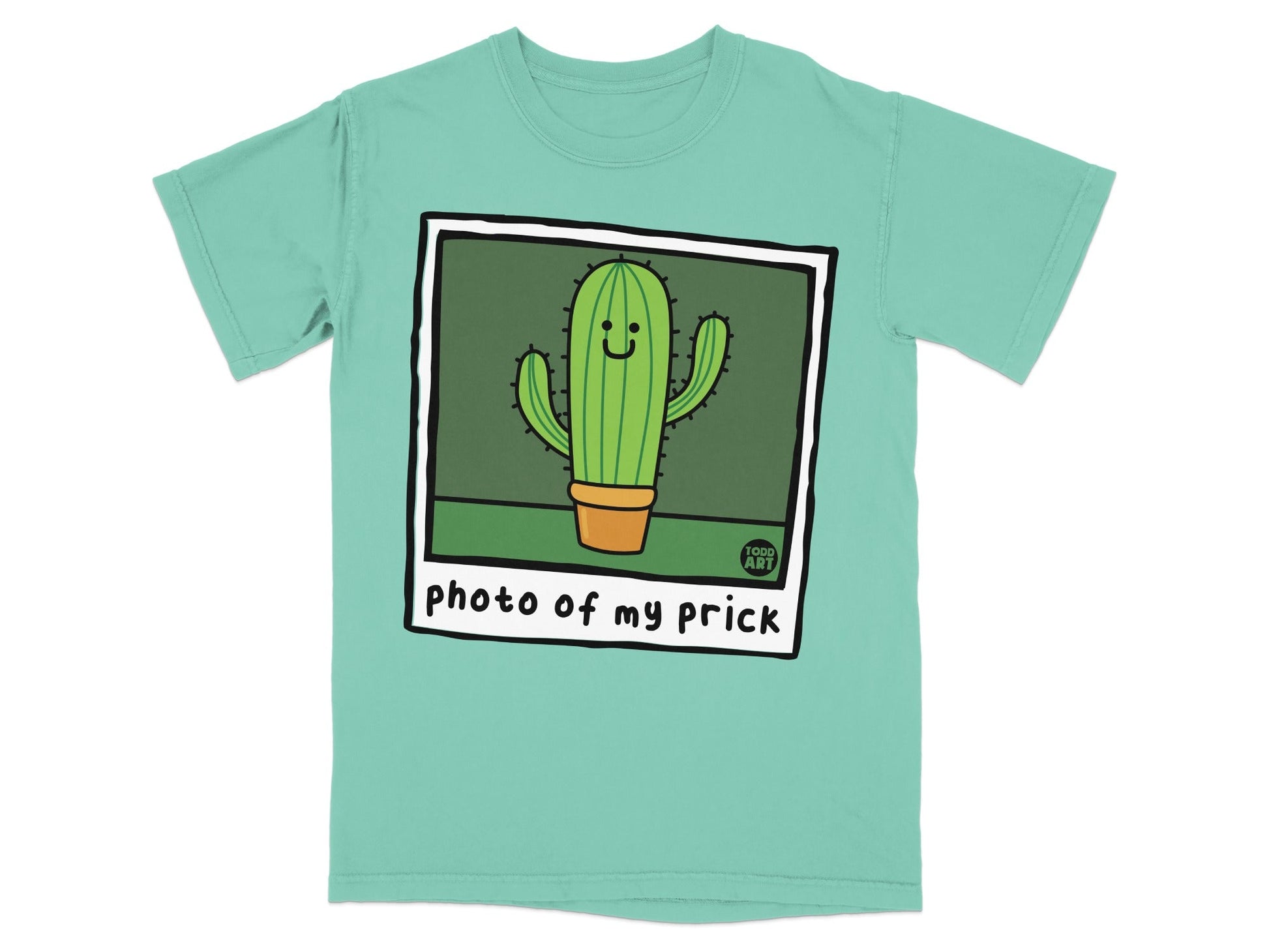 Teal t-shirt featuring a cartoon smiling cactus in a pot, with text "photo of my prick".