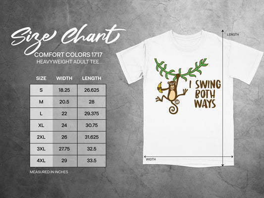 Comfort Colors 1717 size chart and heavyweight adult tee with "I Swing Both Ways" graphic.