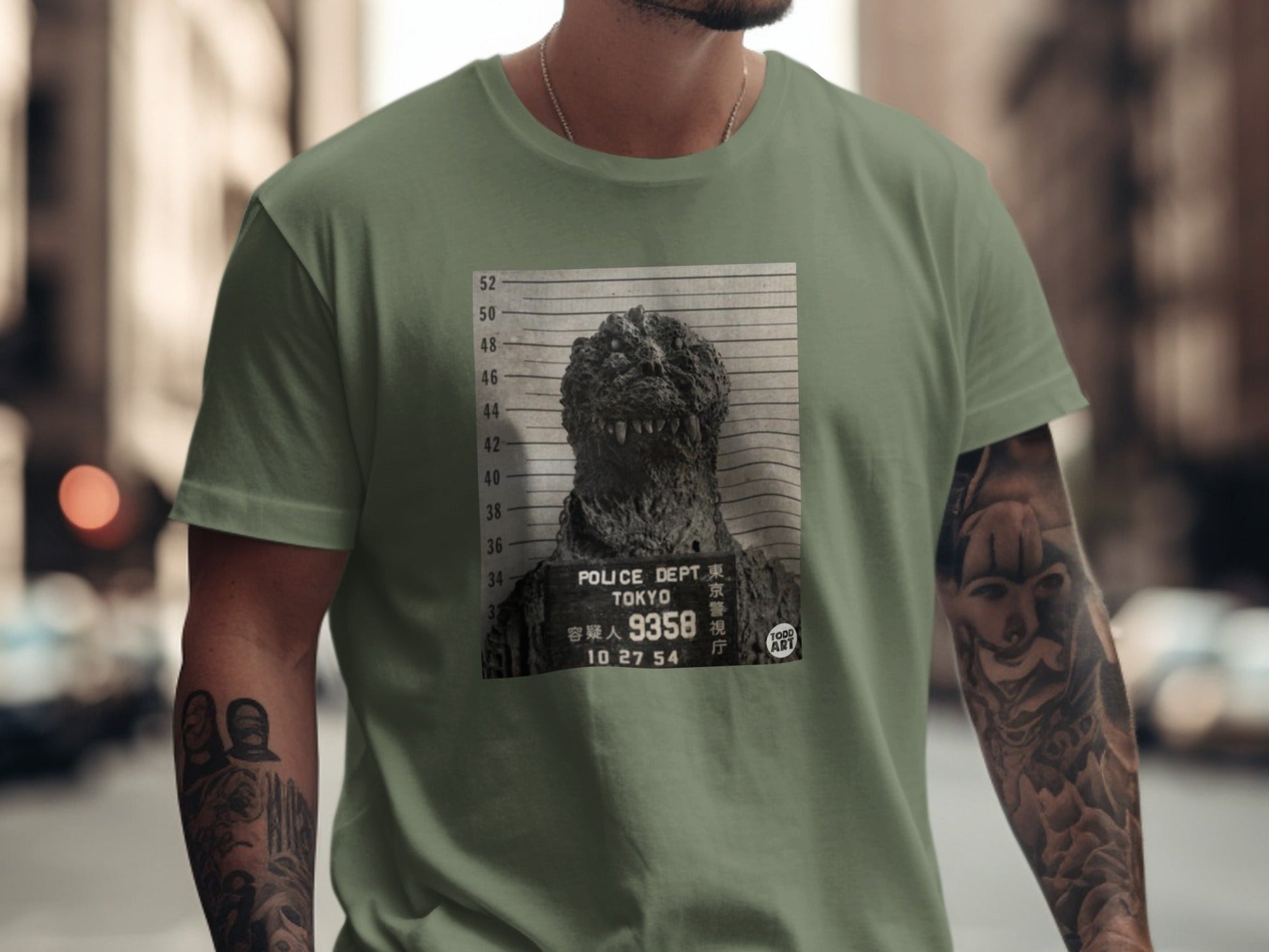 Godzilla mugshot from Tokyo Police Department with Japanese text.