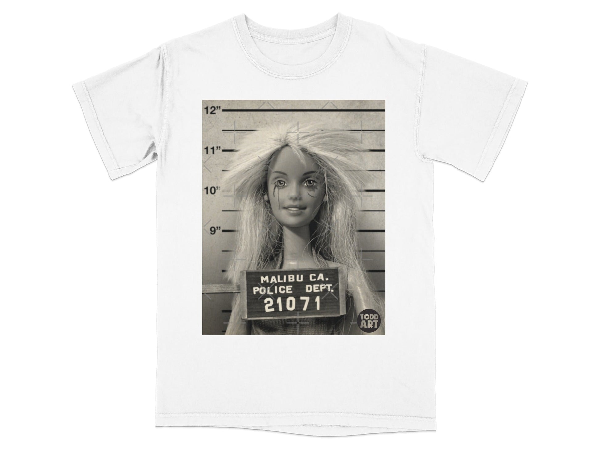 Mugshot of a Barbie doll with "Malibu Ca. Police Dept. 21071" visible.