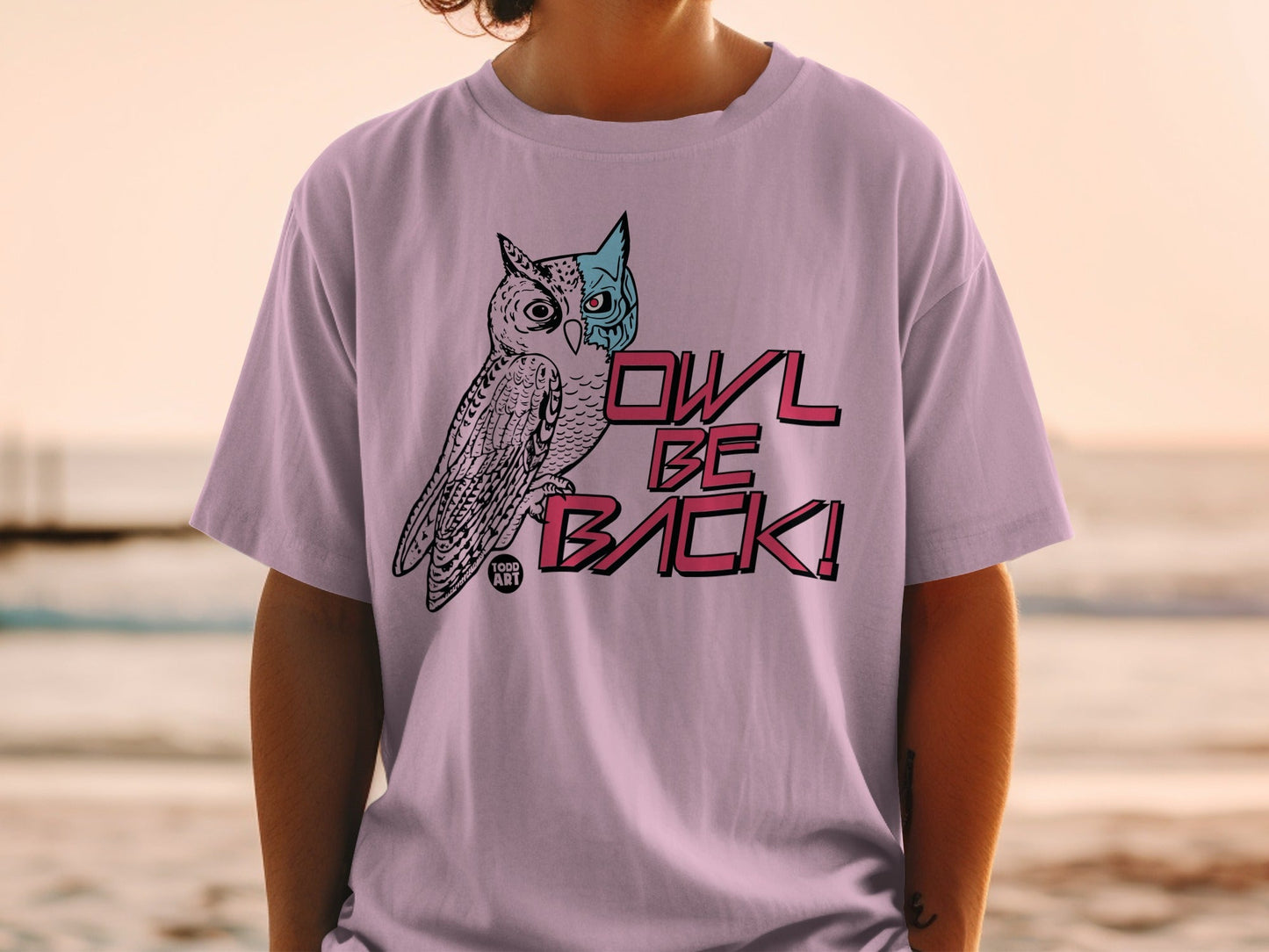 T-shirt with an owl graphic and "OWL BE BACK!" text.