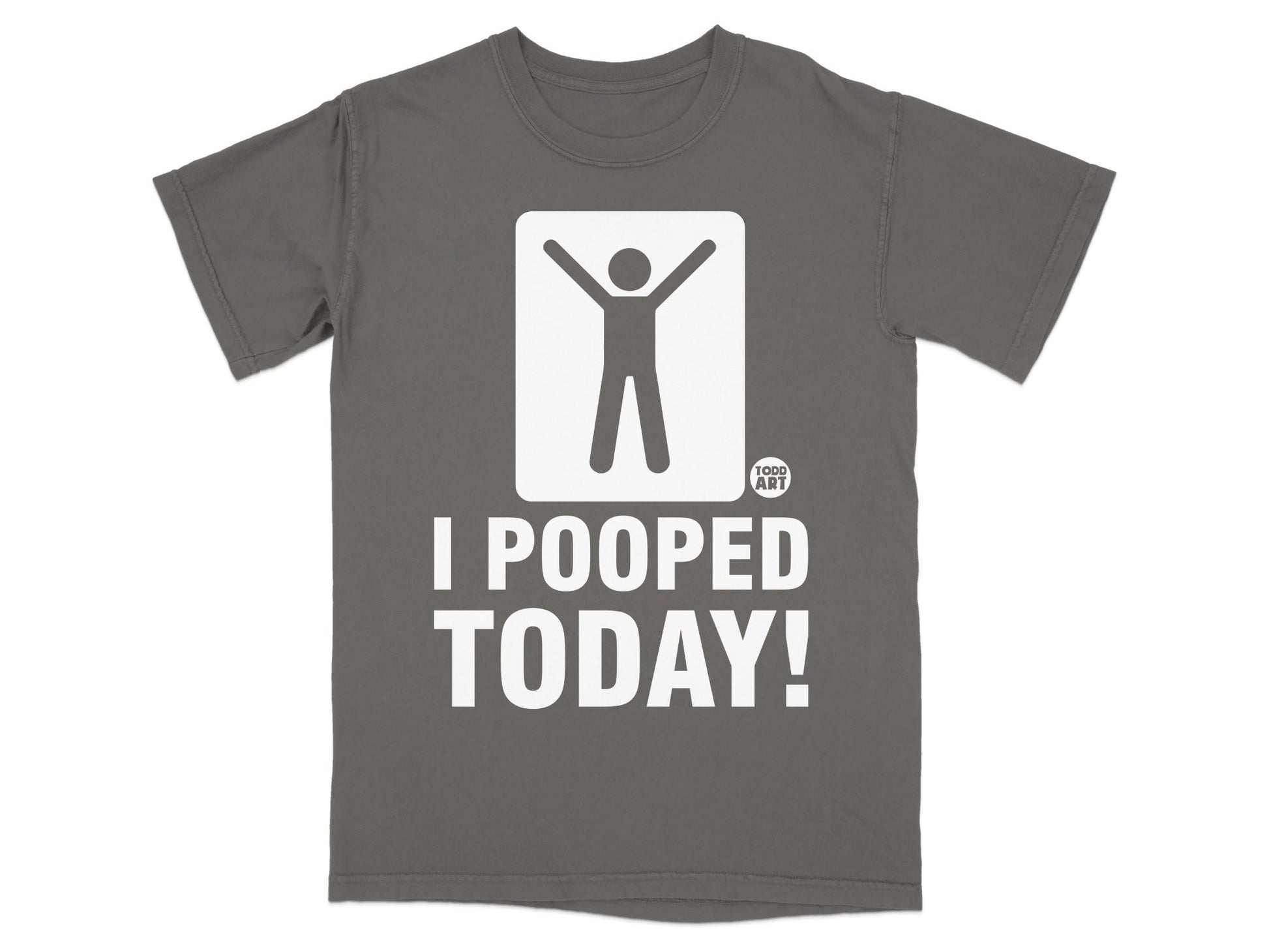 Gray t-shirt with white stick figure and "I POOPED TODAY!" text.