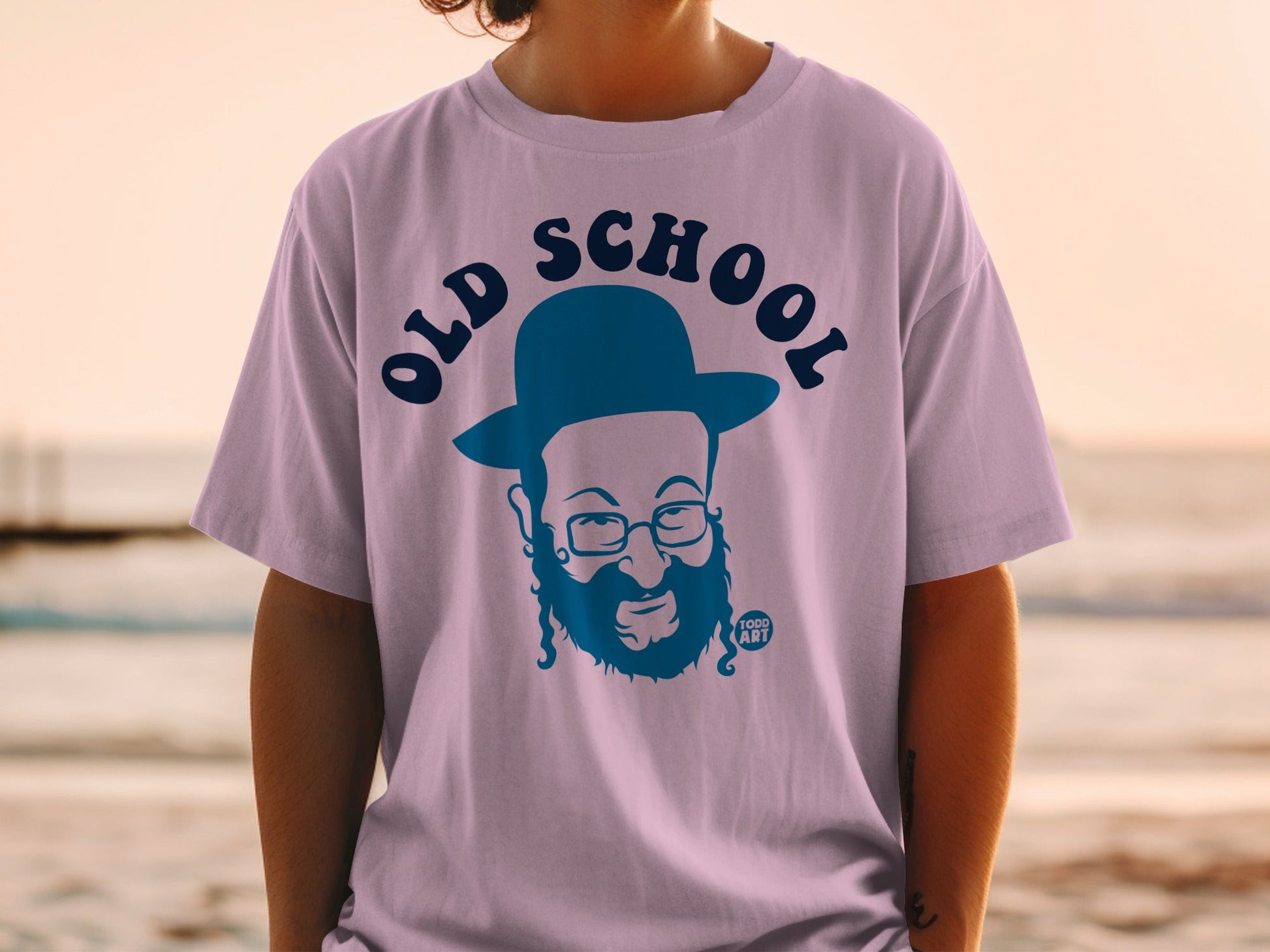 T-shirt with "Old School" text and a blue bearded man graphic.