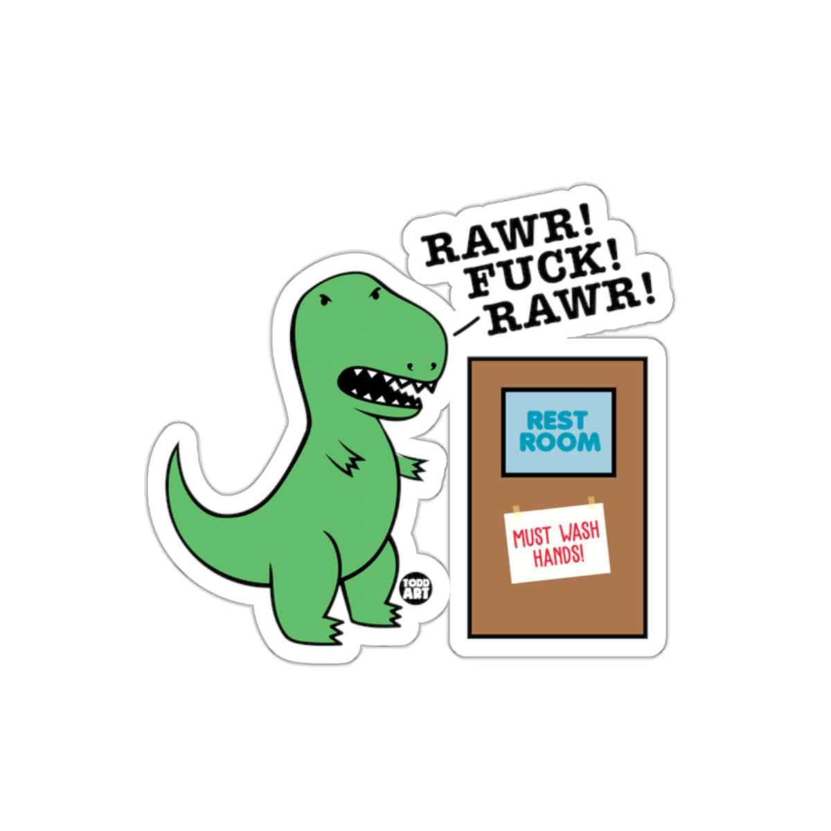 Dinosaur and Restroom Cartoon Sticker Illustration