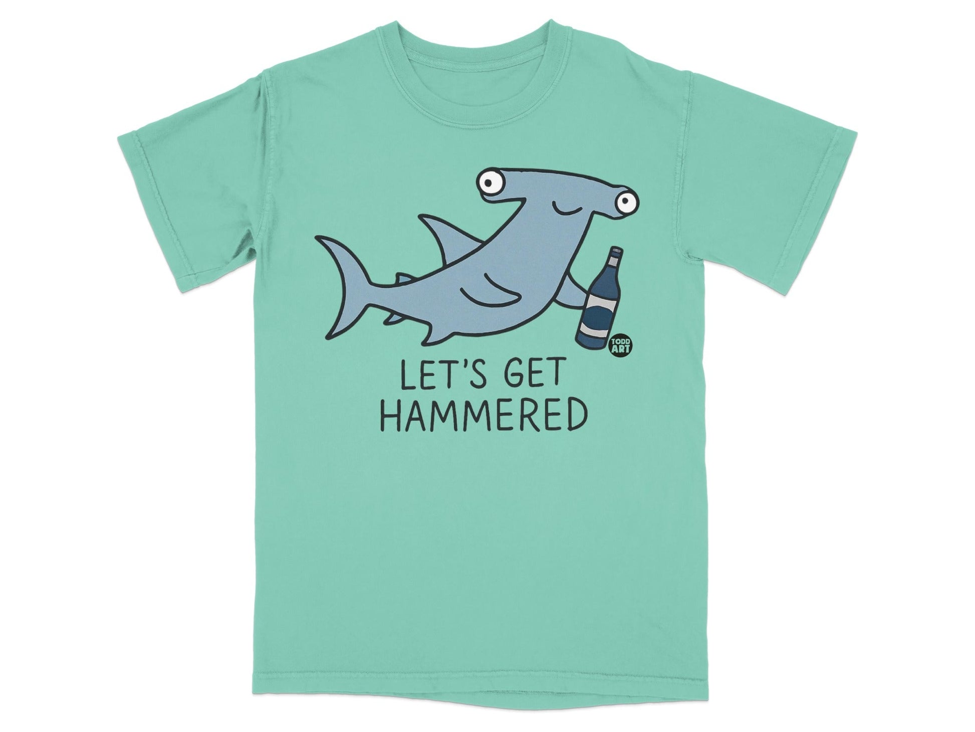Light blue t-shirt with cartoon hammerhead shark holding a beer bottle, text reads "LET'S GET HAMMERED".
