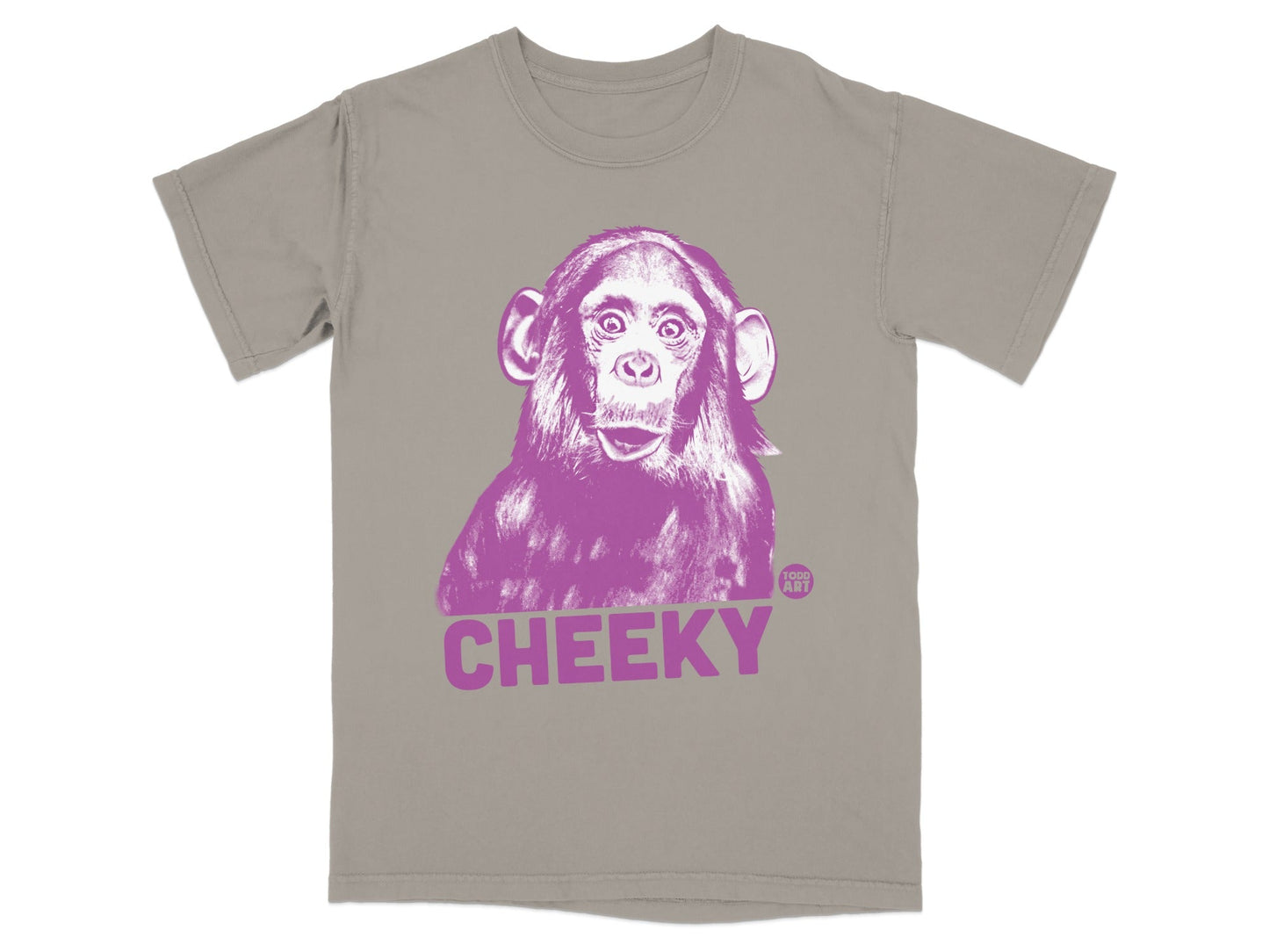 T-shirt with purple chimpanzee graphic and "CHEEKY" text.