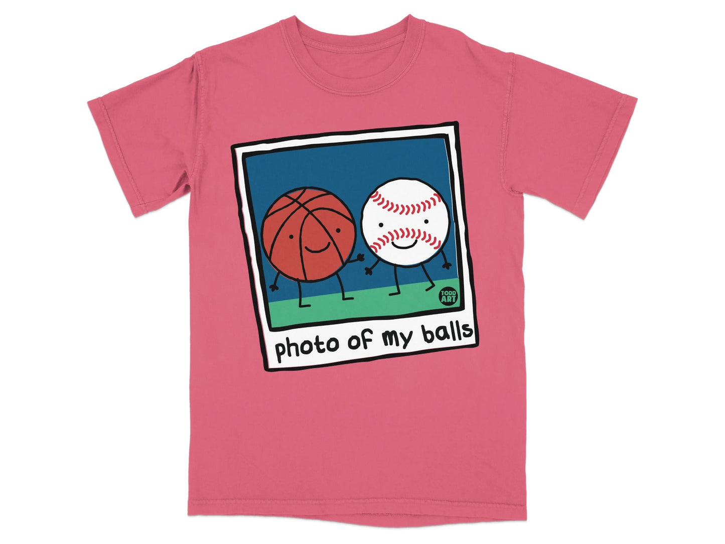 Two cartoon balls, basketball and baseball, holding hands in a polaroid frame.